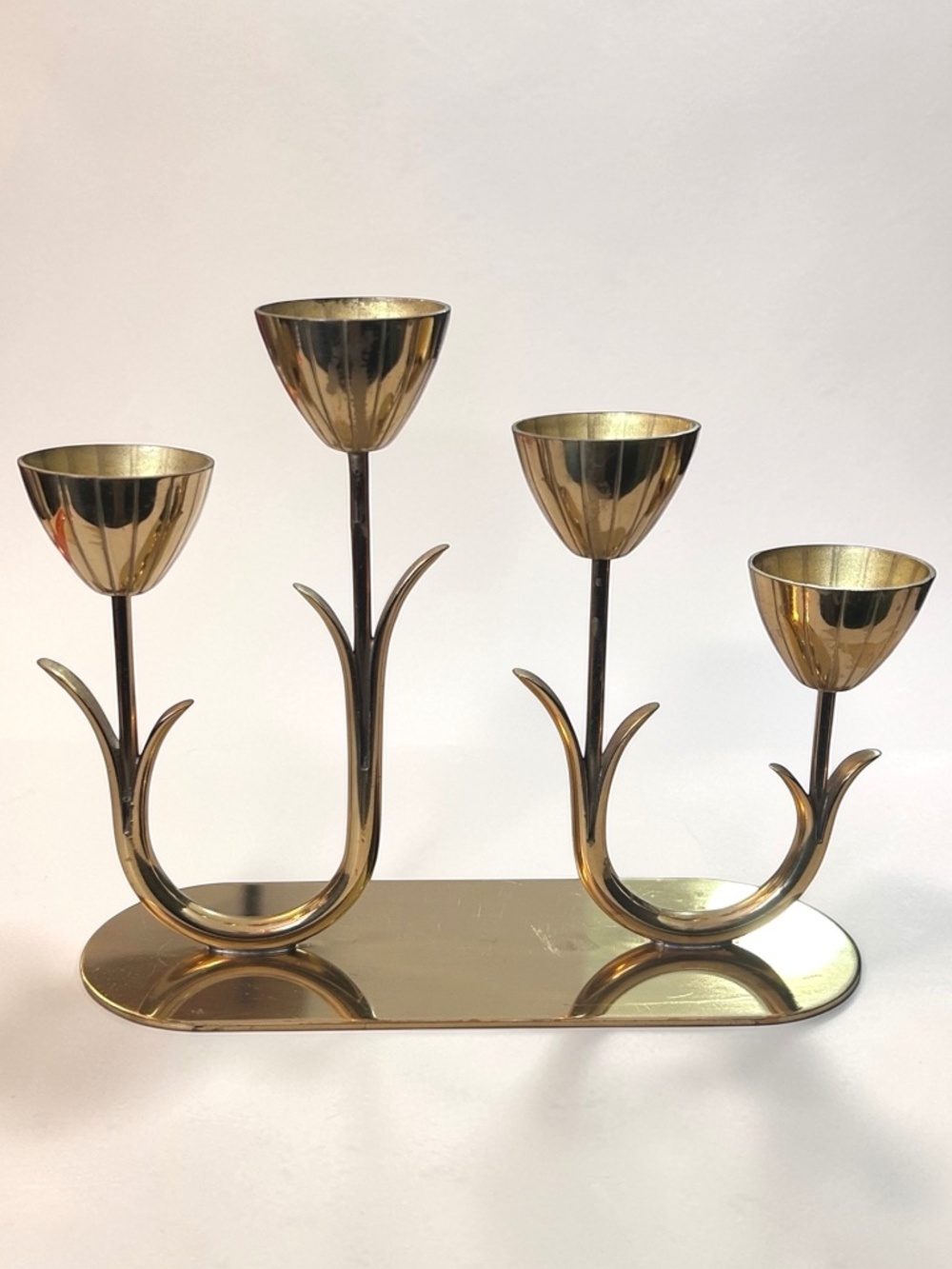 Gunnar Ander Brass Candelabra, Ystad Metall Tulip Candlestick Holder, MidCentury